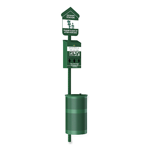 Furloo Pet Waste Station Kit with Roll Bag Locking Dispenser, 11.5 Gallon Round Lidded Trash Can, Pole, and Glow-in-the-Dark Sign (FLO1RSG)
