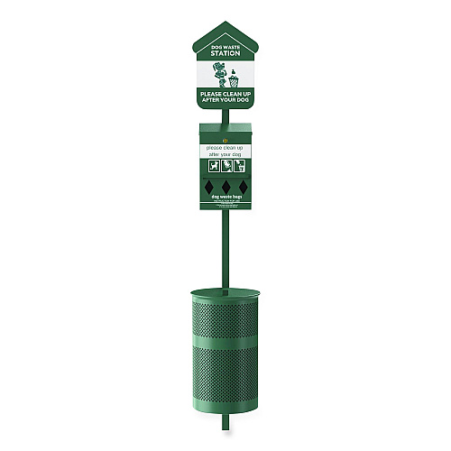 Furloo Pet Waste Station Kit with Roll Bag Locking Dispenser, 11.5 Gallon Round Lidded Trash Can, Pole, and Glow-in-the-Dark Sign (FLO1RSG)