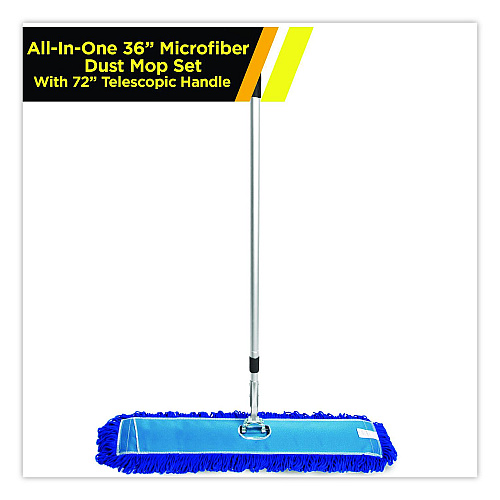Gritt Commercial All-In-One Microfiber Dust Mop Set with Telescopic Handle, 36 x 5, Blue Microfiber Head, 40" to 72" Silver Aluminum Handle (GRI17436T)