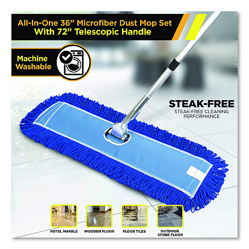 Gritt Commercial All-In-One Microfiber Dust Mop Set with Telescopic Handle, 36 x 5, Blue Microfiber Head, 72" Silver Aluminum Handle, 4/Kit (GRI17436T4PK)