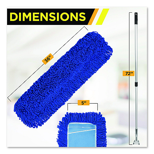 Gritt Commercial All-In-One Microfiber Dust Mop Set with Telescopic Handle, 36 x 5, Blue Microfiber Head, 72" Silver Aluminum Handle, 4/Kit (GRI17436T4PK)