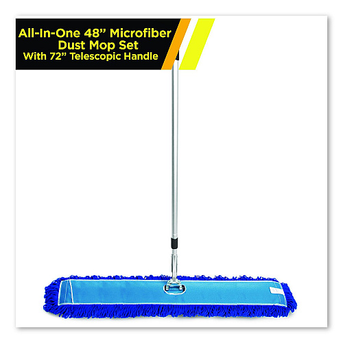Gritt Commercial All-In-One Microfiber Dust Mop Set with Telescopic Handle, 48 x 5, Blue Microfiber Head, 40" to 72" Silver Aluminum Handle (GRI17448T)