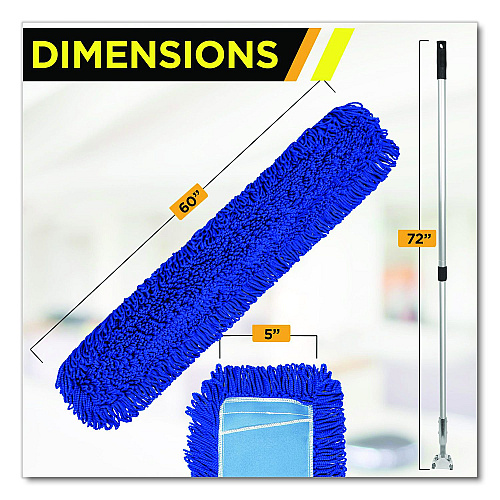 Gritt Commercial All-In-One Microfiber Dust Mop Set with Telescopic Handle, 60 x 5, Blue Microfiber Head, 40" to 72" Silver Aluminum Handle (GRI17460T)