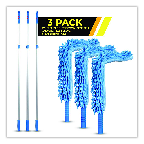Gritt Commercial Flexible Wand Duster with Microfiber and Chenille Sleeve and 6 ft Telescopic Pole, 3/Kit (GRI1756F3PK)