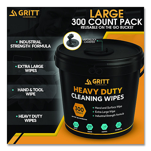 Gritt Commercial Heavy-Duty Cleaning Wipes, 10 x 12, Citrus, White, 300/Bucket (GRI6300)
