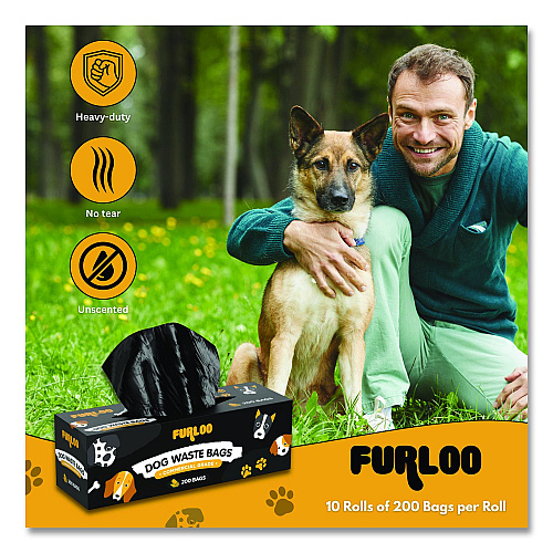 Furloo Commercial Grade Dog Waste Station Refill Bags, Open-Face, 8" x 13", Black, 200 Bags/Roll, 10/Carton (FLO210)