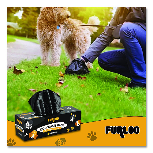 Furloo Commercial Grade Dog Waste Station Refill Bags, Open-Face, 8" x 13", Black, 200 Bags/Roll, 10/Carton (FLO210)
