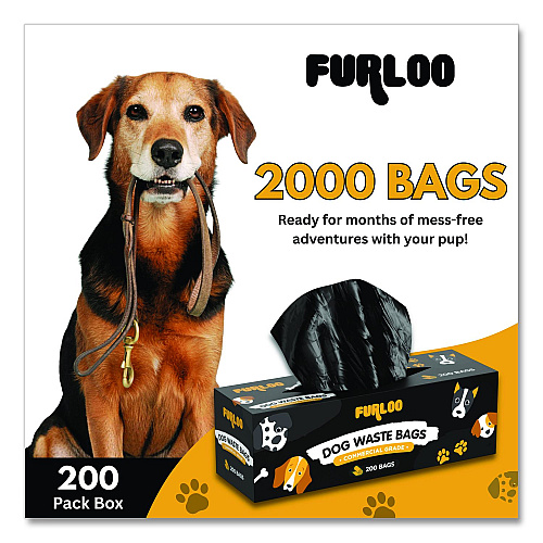 Furloo Commercial Grade Dog Waste Station Refill Bags, Open-Face, 8" x 13", Black, 200 Bags/Roll, 10/Carton (FLO210)
