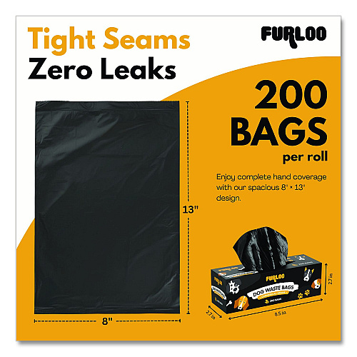 Furloo Commercial Grade Dog Waste Station Refill Bags, Open-Face, 8" x 13", Black, 200 Bags/Roll, 20/Carton (FLO220)