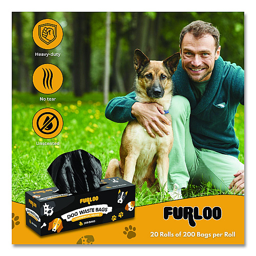 Furloo Commercial Grade Dog Waste Station Refill Bags, Open-Face, 8" x 13", Black, 200 Bags/Roll, 20/Carton (FLO220)