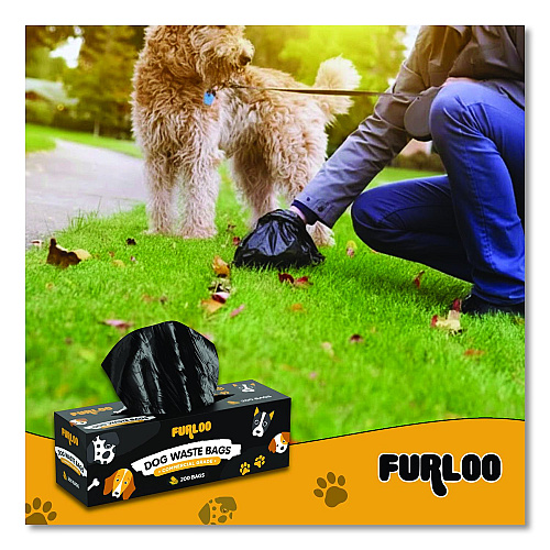 Furloo Commercial Grade Dog Waste Station Refill Bags, Open-Face, 8" x 13", Black, 200 Bags/Roll, 20/Carton (FLO220)