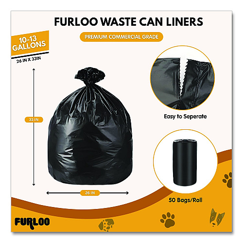 Furloo 13-Gallon Heavy Duty Dog Waste Station Can Liners, Open-Face, 13 gal, 26" x 33", Black, 50 Bags (FLO22)