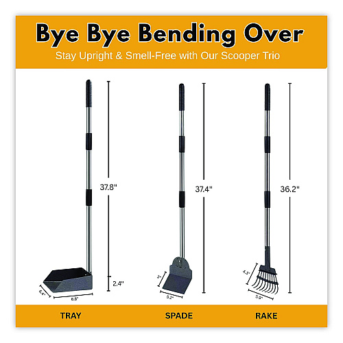 Furloo Dog Pooper Scooper Set with Heavy-Duty Metal Tray, Rake and Spade, 37.8" Length Black/Silver (FLO3)