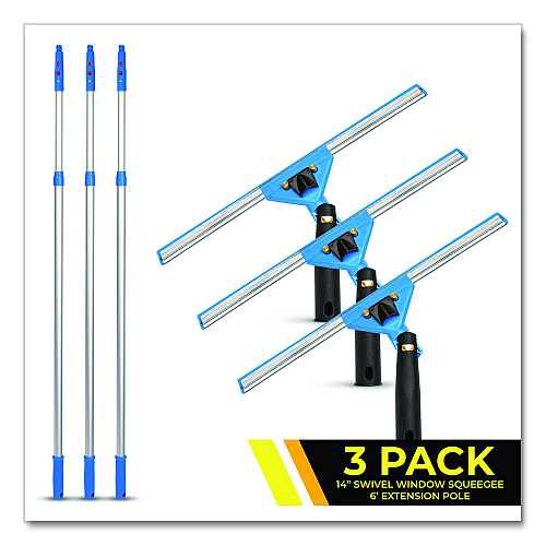 Gritt Commercial Pro Window Washing Kit with Swivel Squeegee and 6 ft Telescopic Pole, 14" Wide Blade, 3/Kit (GRI1306F143P)