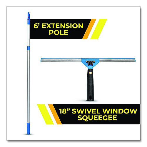 Gritt Commercial Pro Window Washing Kit with Swivel Squeegee and 6 ft Telescopic Pole, 18" Wide Blade (GRI1306F18)