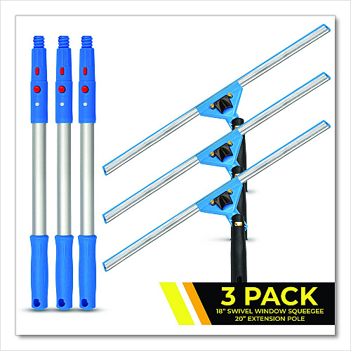 Gritt Commercial Pro Window Washing Kit with Swivel Window Squeegee and 20" Pole, 18" Wide Blade, 3/Kit (GRI131183PK)