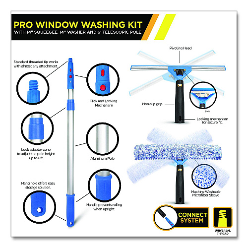 Gritt Commercial Pro Window Washing Kit with Squeegee, Washer and 6 ft Telescopic Pole, 14" Wide, 3/Kit (GRI1376F143P)