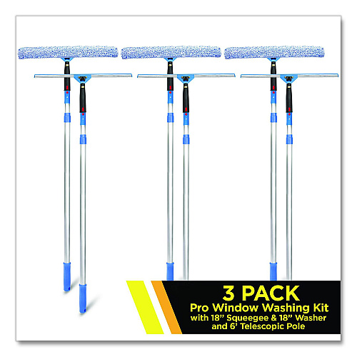 Gritt Commercial Pro Window Washing Kit with Squeegee, Washer and 6 ft Telescopic Pole, 18" Wide Blade, 3/Kit (GRI1376F183P)