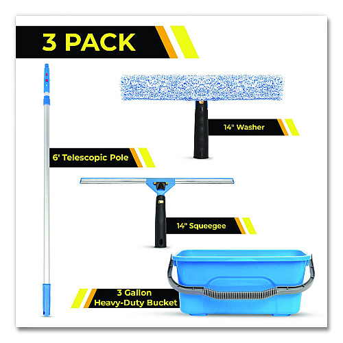 Gritt Commercial Pro Window Washing Kit with 14" Wide Blade Squeegee, Washer, 6 ft Telescopic Pole and 3 gal Heavy-Duty Bucket, 3/Kit (GRI137B6F143)