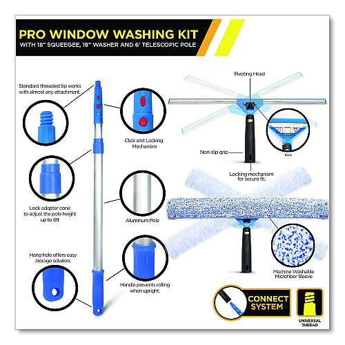 Gritt Commercial Pro Window Washing Kit with 14" Wide Blade Squeegee, Washer, 6 ft Telescopic Pole and 3 gal Heavy-Duty Bucket, 3/Kit (GRI137B6F143)