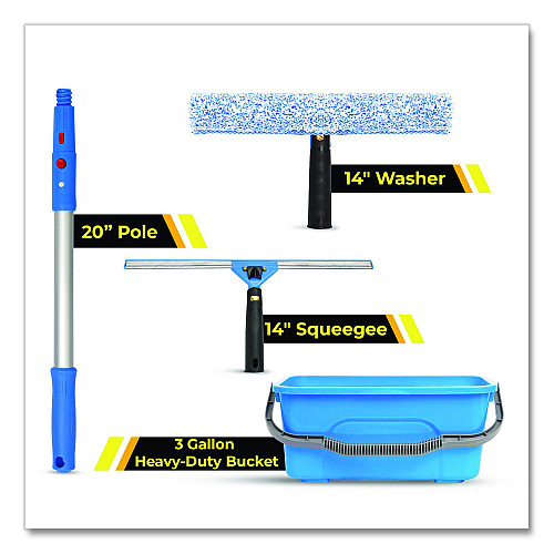 Gritt Commercial Pro Window Cleaning Kit with 14" Squeegee, 14" Washer, 20" Pole and 3 Gallon Heavy-Duty Bucket (GRI138B)