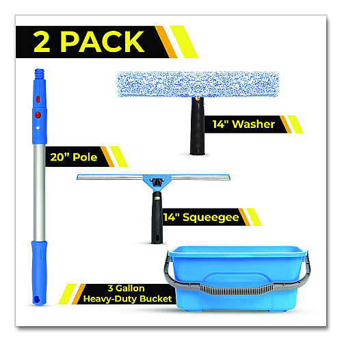 Gritt Commercial Pro Window Cleaning Kit with 14" Squeegee, 14" Washer, 20" Pole and 3 Gallon Heavy-Duty Bucket, 2/Kit (GRI138B2PK)