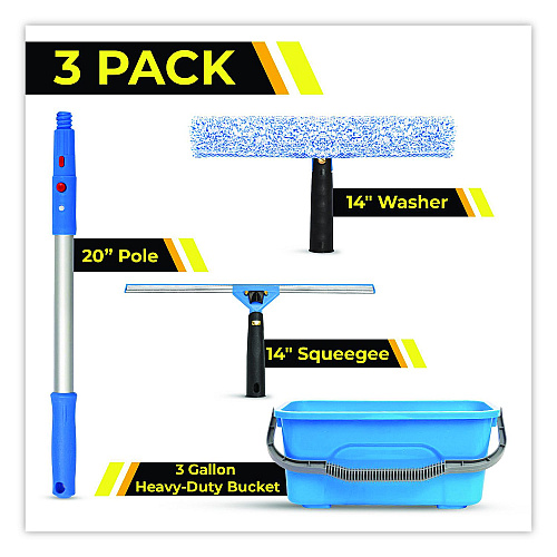 Gritt Commercial Pro Window Cleaning Kit with 14" Squeegee, 14" Washer, 20" Pole and 3 Gallon Heavy-Duty Bucket, 3/Kit (GRI138B3PK)