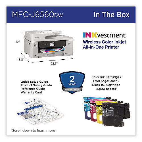 Brother MFC-J6560DW INKvestment AIO Printer, Copy/Fax/Print/Scan