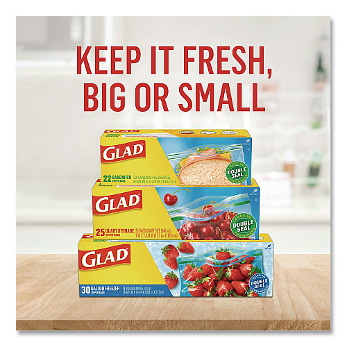 Glad Zipper Food Storage Plastic Bags, Gallon Size, 10.75 x 10.38, Clear, 15 Bags (57034EA)