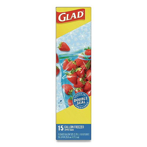 Glad Zipper Food Storage Plastic Bags, Gallon Size, 10.75 x 10.38, Clear, 15 Bags (57034EA)