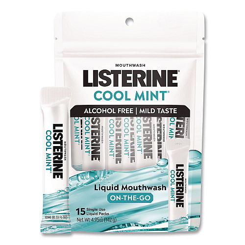 Listerine On-The-Go Mouthwash, Cool Mint Flavor, 0.33 oz Packet, 15/Pack (20246)