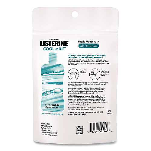 Listerine On-The-Go Mouthwash, Cool Mint Flavor, 0.33 oz Packet, 15/Pack (20246)