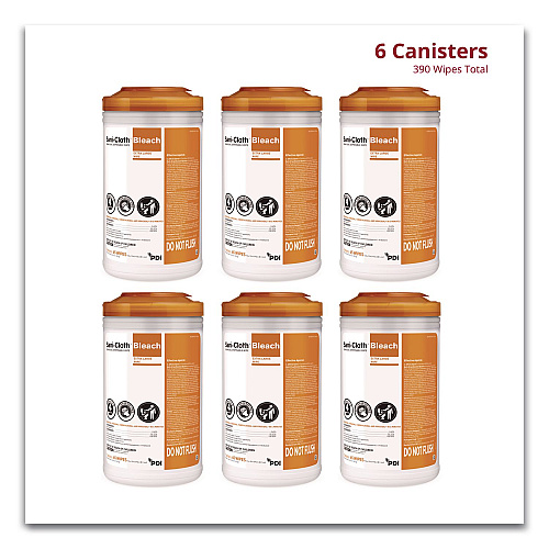 PDI Sani-Cloth with Bleach Disinfecting Wipes, 7.5 x 15, Unscented, White, 65 Wipes/Canister, 6 Canisters/Carton (P25784CT)
