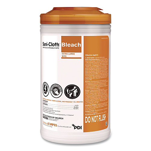 PDI Sani-Cloth with Bleach Disinfecting Wipes, 7.5 x 15, Unscented, White, 65 Wipes/Canister, 6 Canisters/Carton (P25784CT)