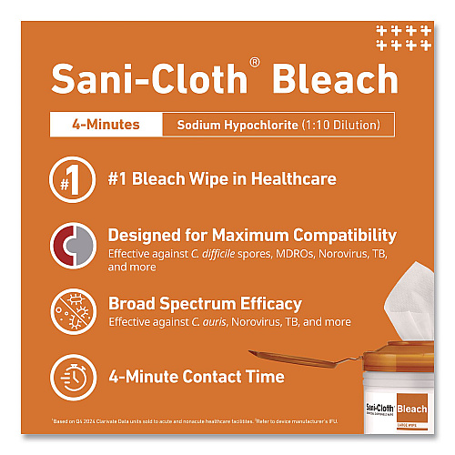PDI Sani-Cloth with Bleach Disinfecting Wipes, 7.5 x 15, Unscented, White, 65 Wipes/Canister, 6 Canisters/Carton (P25784CT)