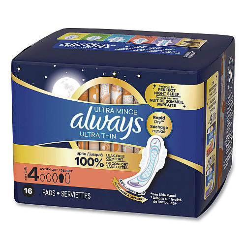 Always Ultra Thin Overnight Pads with Wings, Size 4, Overnight Absorbency, 16/Pack, 6 Packs/Carton (12851)