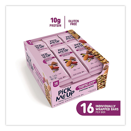 Pick Me Up Provisions Gluten-Free Cranberry Almond Dark Chocolate Protein Bar Protein Bars, 1.4 oz Bar, 16/Box (PM63401)