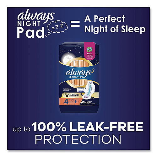 Always Ultra Thin Overnight Pads with Wings, Size 4, Overnight Absorbency, 16/Pack, 6 Packs/Carton (12851)