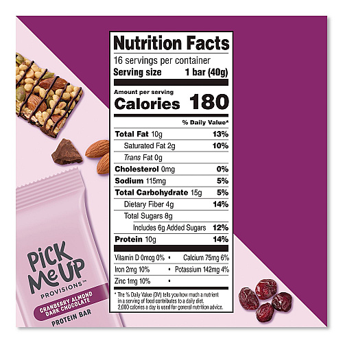 Pick Me Up Provisions Gluten-Free Cranberry Almond Dark Chocolate Protein Bar Protein Bars, 1.4 oz Bar, 16/Box (PM63401)