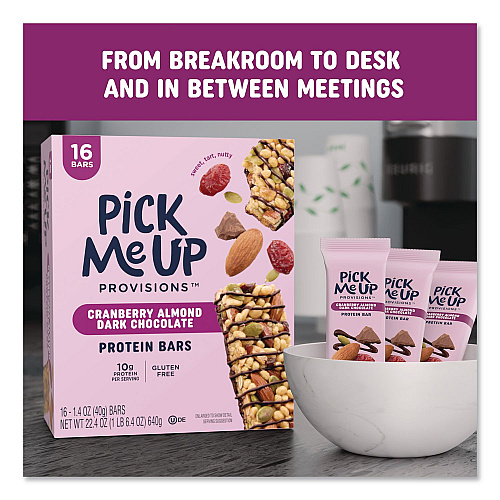 Pick Me Up Provisions Gluten-Free Cranberry Almond Dark Chocolate Protein Bar Protein Bars, 1.4 oz Bar, 16/Box (PM63401)