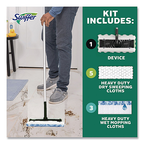 Swiffer Sweep and Mop 2-in-1 Dry + Wet Floor Deluxe Mopping and Sweeping Kit, Silver Handle (16413)
