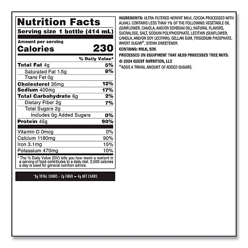 Quest Protein Milkshakes, Chocolate, 14 oz Bottle, 12/Carton (QUN01598)