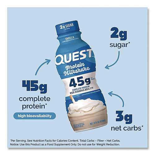Quest Protein Milkshakes, Vanilla, 14 oz Bottle, 12/Carton (QUN01602)