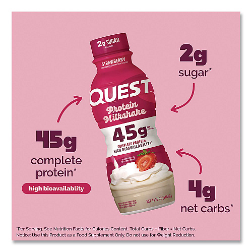 Quest Protein Milkshakes, Strawberry, 14 oz Bottle, 12/Carton (QUN01606)
