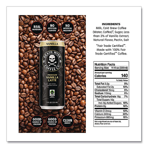 Death Wish Coffee Vanilla Latte Cold Brew Coffee, 11 oz Can, 12/Carton (EWC34373)