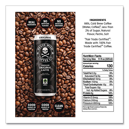Death Wish Coffee Original Latte Cold Brew Coffee, 11 oz Can, 12/Carton (EWC34446)