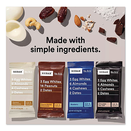 RXBAR Adult Bars Variety Pack, 1.8oz Bar, (4) Chocolate Sea Salt, (2) Blueberry, (2) Coconut Chocolate, (2) Peanut Butter Chocolate (KEE00725)