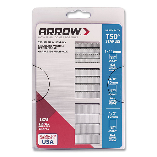 Arrow Heavy Duty Staples, 0.25" Leg/0.38" Leg/0.5" Leg, 0.41" Crown, Silver, 1,875/Box (50MP)