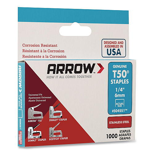 Arrow Heavy Duty Staples, 0.25" Leg, 0.37" Crown, Silver, 1,000/Box (504SS1AM)