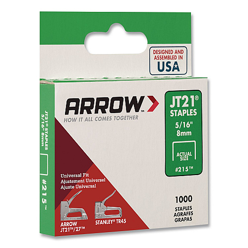 Arrow JT21 Standard Staples, 0.31" Leg, 0.44" Crown, Silver, 1,000/Box (21524AM)